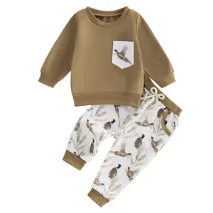 Toddler Baby Boy Hunting Clothes Mallard Duck Pocket Long Sleeve Sweatshirt Top Jogger Pants 2Pcs Fall Outfit