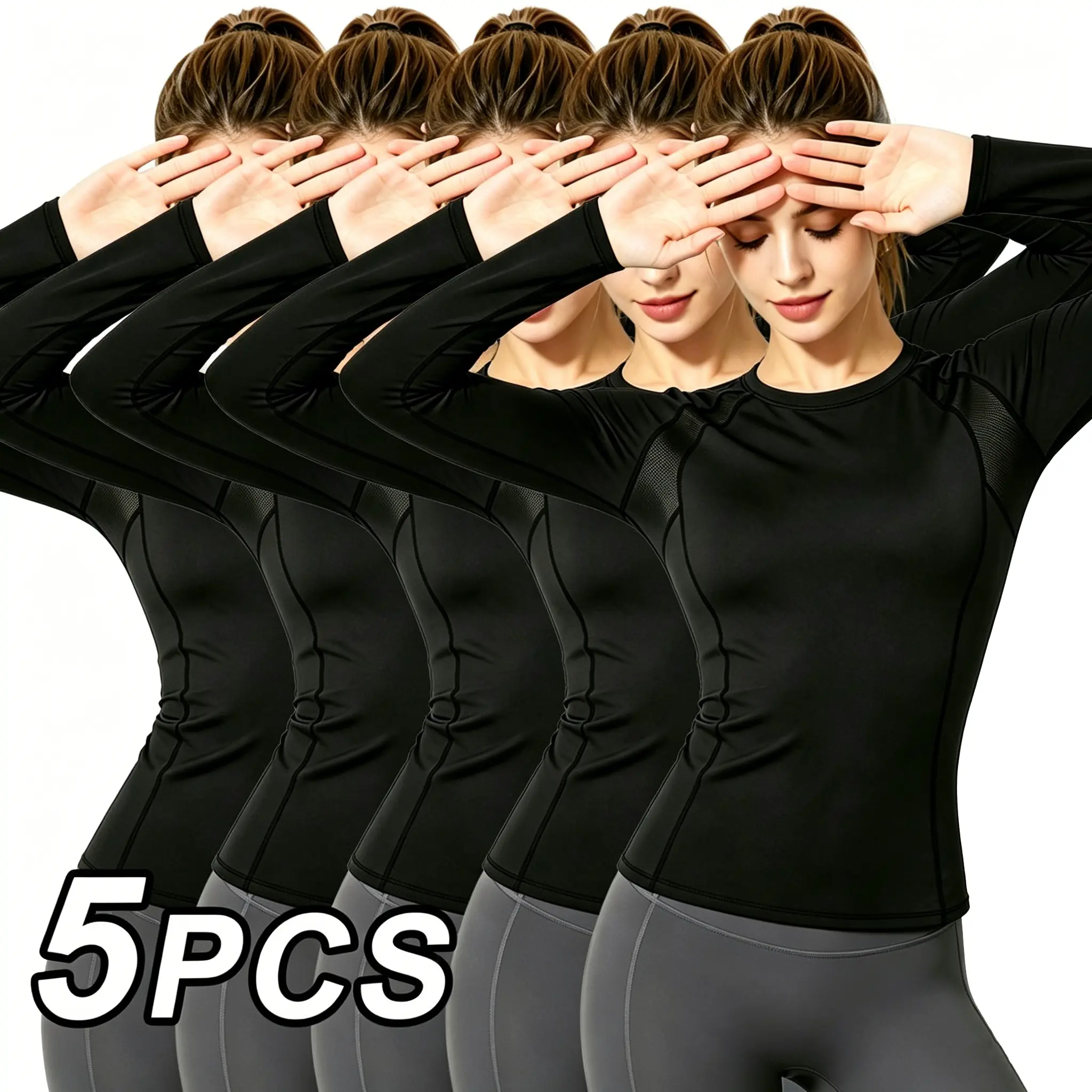 HAMTOLU 5 Pack Women's Long Sleeve Compression Shirts, Underarm Breathable, Quick Dry Workout Tops for Women, Breathable Athletic Gym Yoga Running Shirts, Moisture Wicking Sports Base Layer Gym Yoga Clothing Gym Sportswear