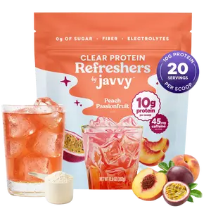 Peach Passionfruit Refresher Premium Clear Whey Protein Drink - Protein with Electrolytes, Fiber, 45mg Caffeine, 0g Sugar, 100% Natural Flavors, 0 Artificial Colors & Sweeteners, 20 Servings
