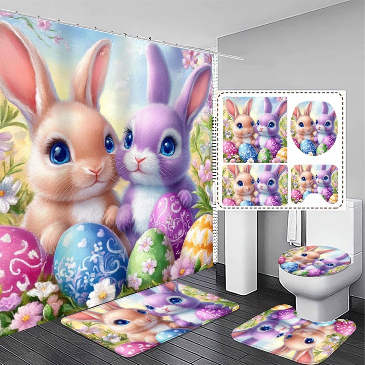 4pcs Set. Easter Bunny Themed Bathroom Set with Colorful Egg Design, 2D Flat Printing Shower Curtain and Non-Slip Bath Mats Toilet Lid Cover, Perfect for Spring Decor in Home Bathrooms Exquisite and Practical Home Decoration Gift., 2D Flat,family,u-shaped
