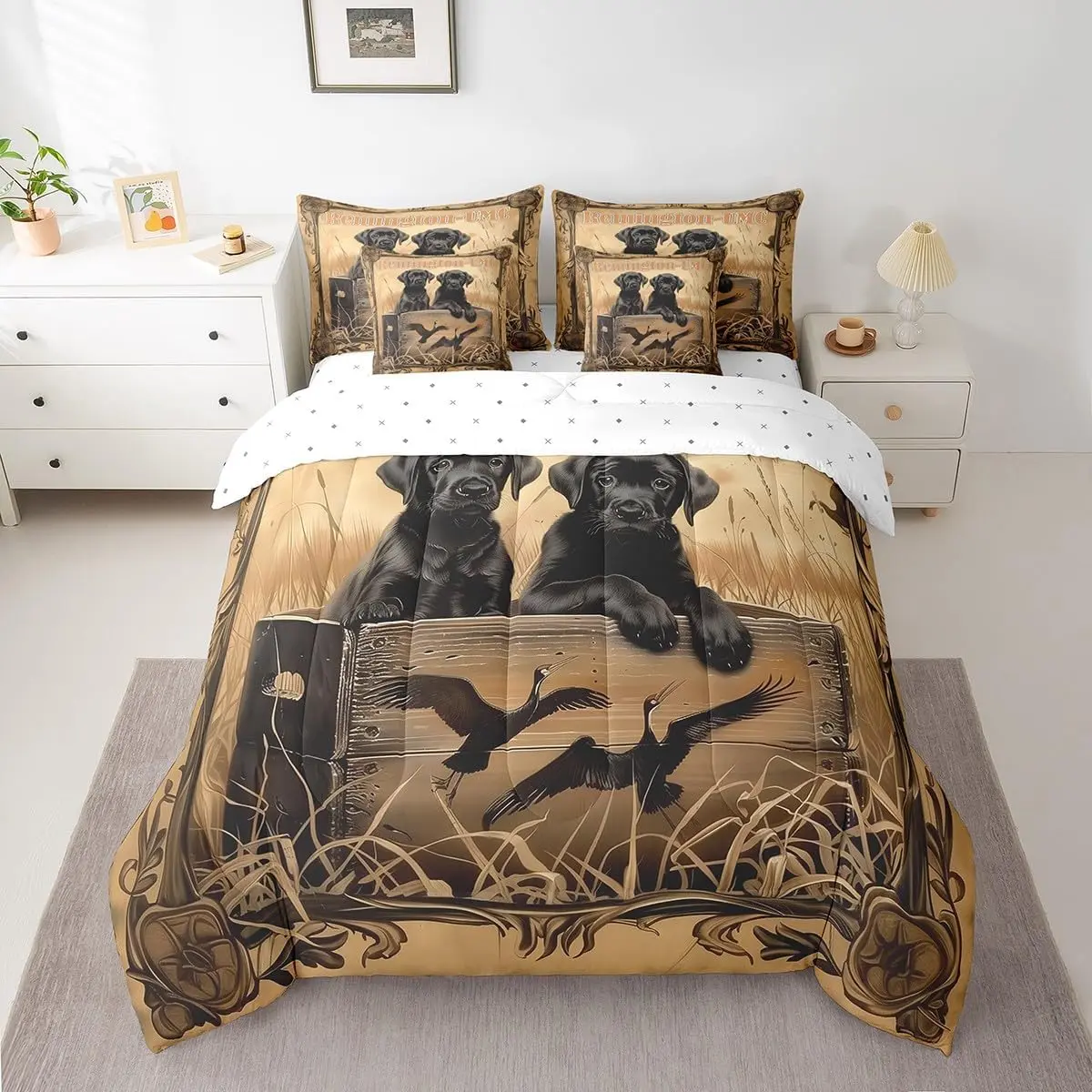 Duck Hunting Comforter Set,7 Pcs,Black Dog Hunter Bedding with 1 Comforter,1 Fitted Sheet,1 Flat Sheet,2 Pillowcases,2 Throw Pillow Cover, Bedding Sets With Designs, Complete 7-Pieces