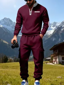 Men's autumn and winter color-blocking suit, half-zipper hoodie + workwear pants, a comfortable, trendy and Fitted two-piece set for casual outdoor daily wear, suitable for Christmas, New Year and boyfriend gifts