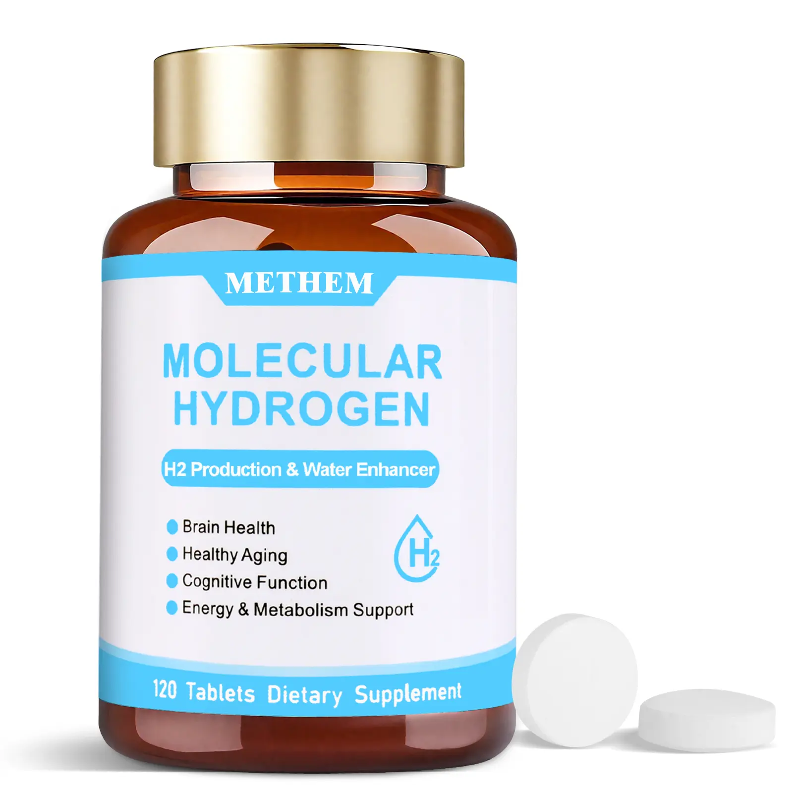 METHEM Hydrogen Water Tablets - H2 Molecular Hydrogen - Support Brain Health & Antioxidant Support & Deep Hydration- with Elemental Magnesium - Fast-Dissolving - GMO-Free - 120 Tablets - Healthcare Supplement