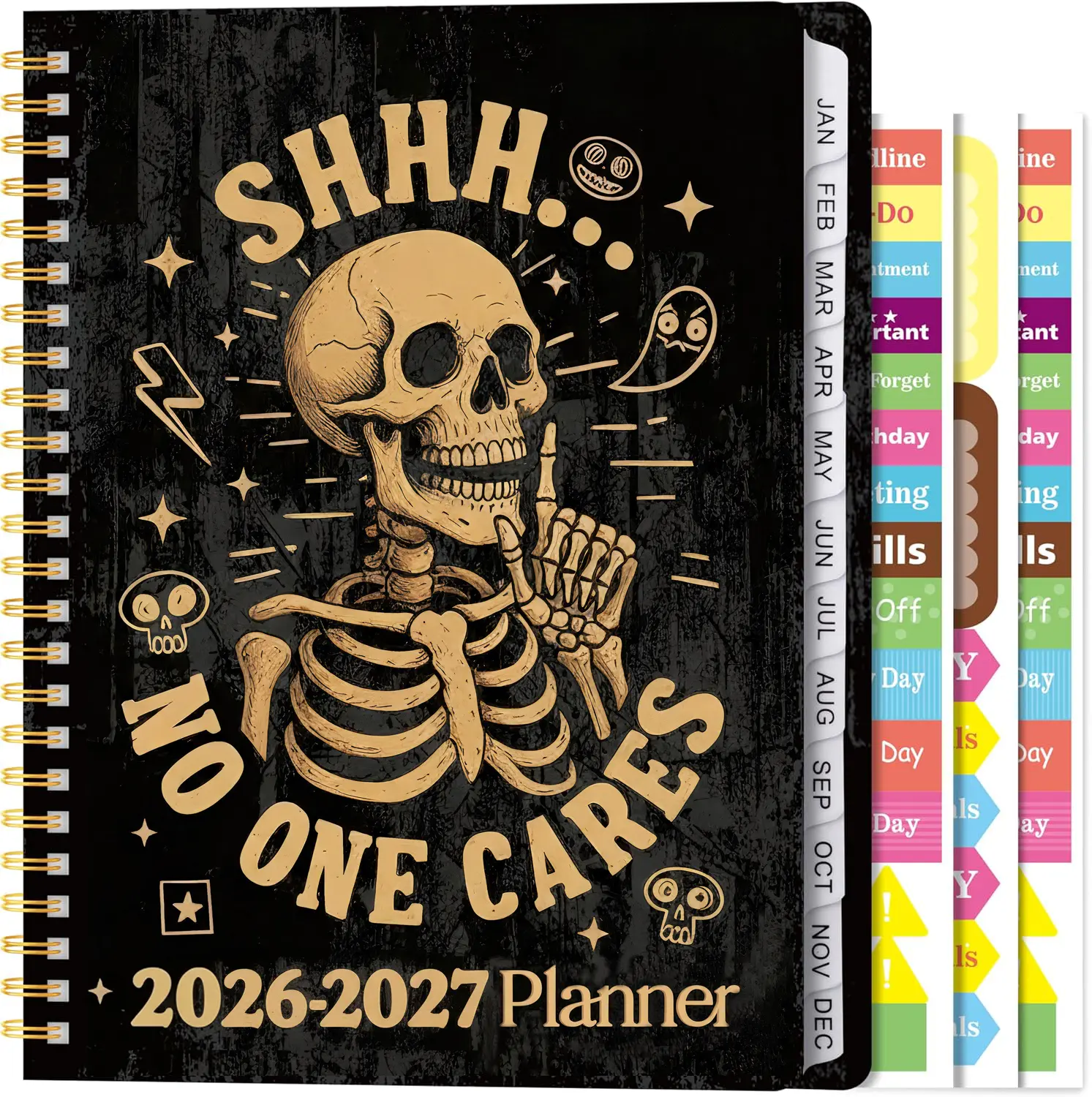 Hardcover Journal - A5 Spiral Bound 2026 July-2027 June Weekly & Monthly Planner, Gothic Office Stationery with Skull Design, Tabs, Stickers, Rear Storage Pocket, Black Lettering Notebook, Office Accessory, Gift for Parents