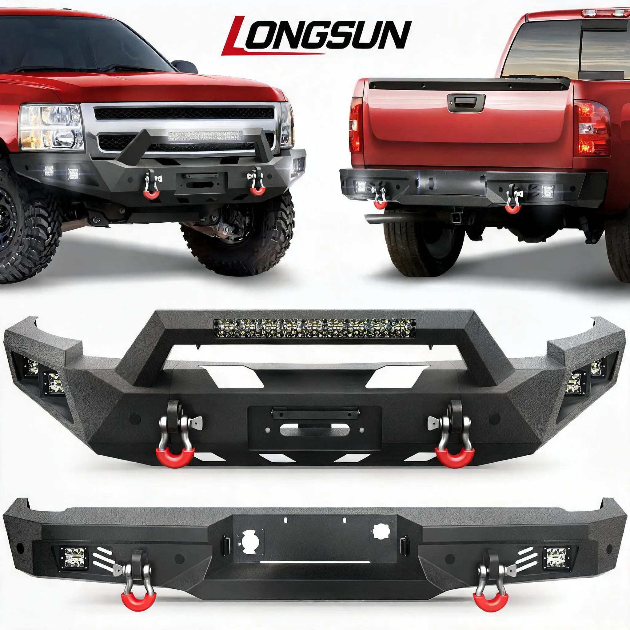 Longsun  Silverado Bumper Set for 2007-2013 Chevy Silverado 1500 Pickup | Pickup Truck Bumpers w/Winch Plate, LED Lights, D-rings and License Plate Bracket