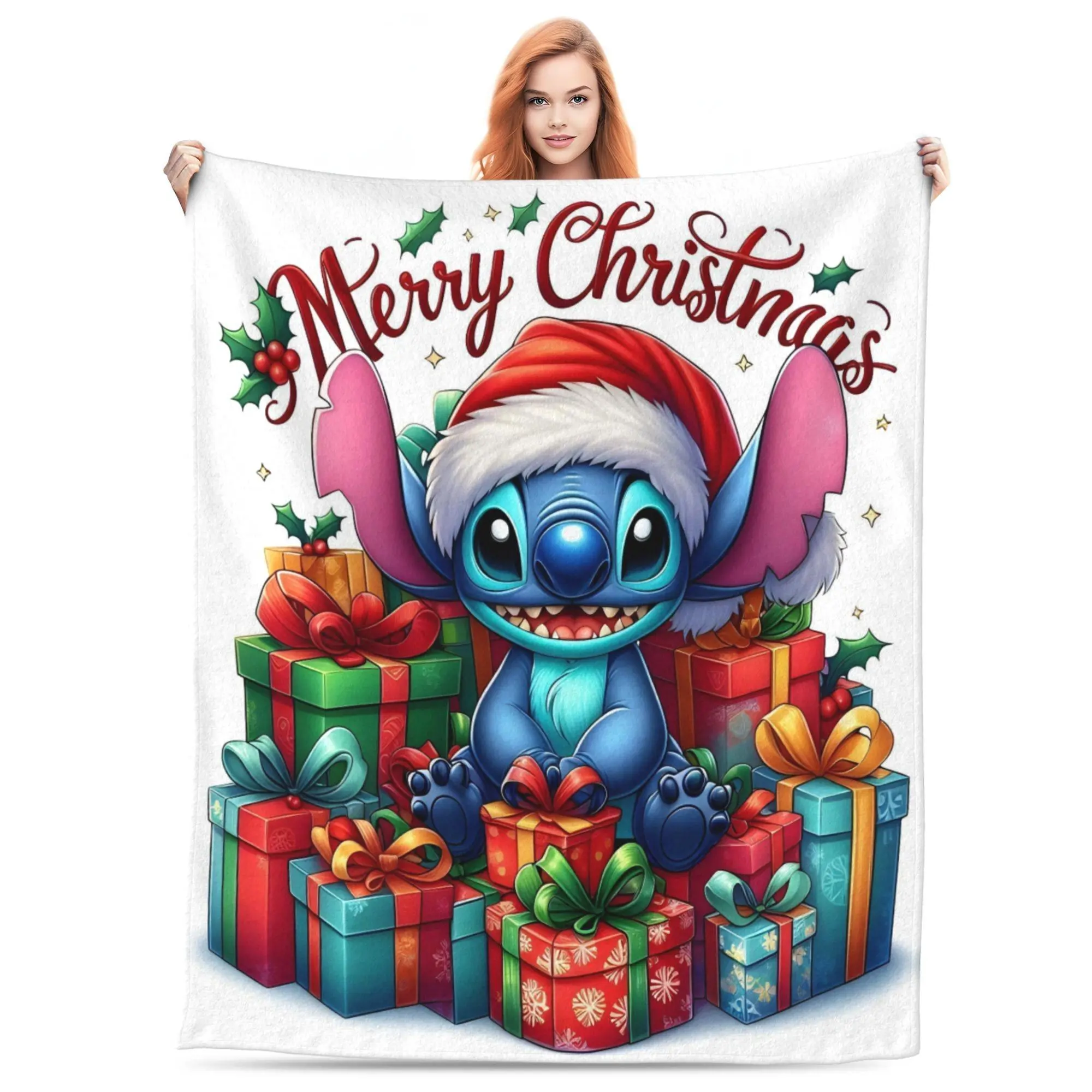 [SummerVibes] DISNEY CLASSIC Lilo & Stitch Merry Christmas Soft Throw Blanket - Cozy Plush Holiday Blanket for Bedroom, Sofa, Christmas Decor & Gift
