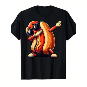Men's Short-Sleeve Round Neck Knit Cotton-Polyester Menswear T-Shirt, Loose Fit, Trendy Hot Dog Print, Hem Detail, Ideal for Fast Food Enthusiasts, Daily Wear