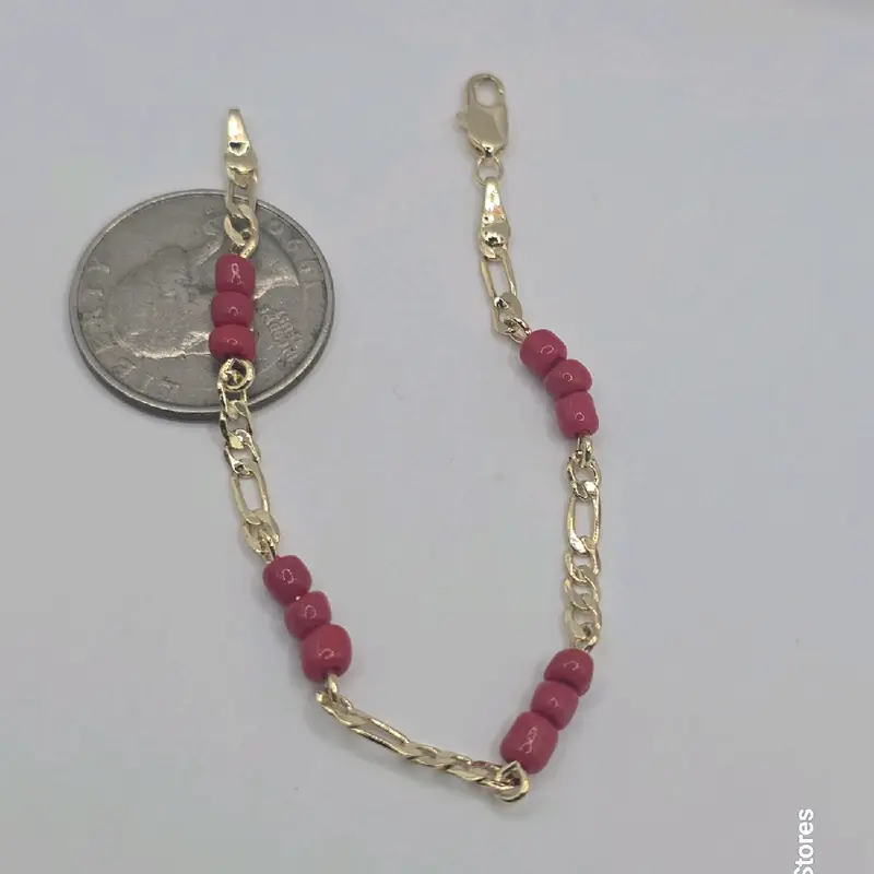 EVIL EYE  Protection Figaro Style Red & Gold Color Gold-Plated Bracelet for Kids - 6 Inches