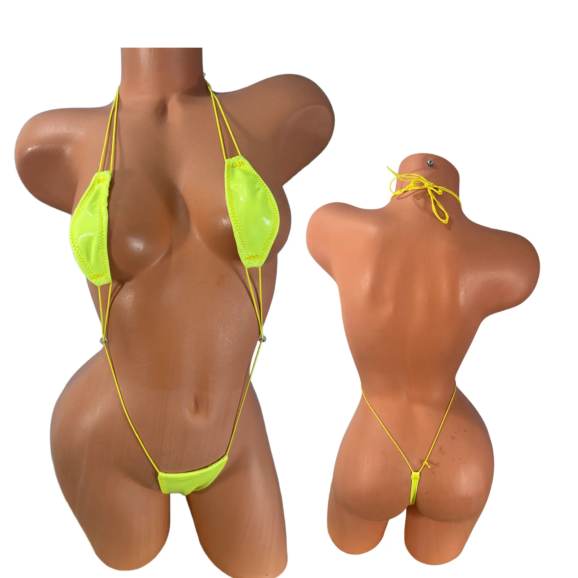 Neon Yellow wet look string thong slingshot bikini