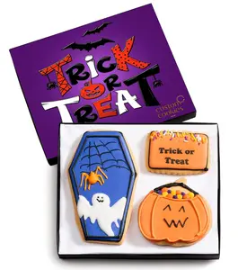 Halloween Cookie Gift Basket, Hand Decorated Vanilla Sugar Cookies Gourmet Dessert Spooky Trick Or Treat Gift Box For Boys Girls Kids Children Adults 3 Count