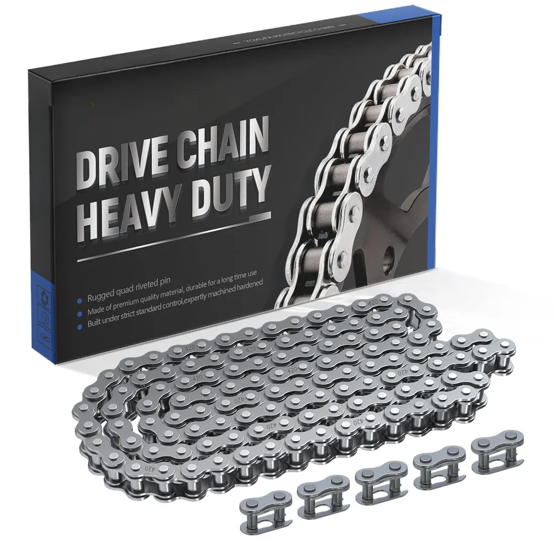 Heavy-Duty 420 Drive Chain - 120-Link (120L) Power Tool Accessory, Motor Parts Replacement for 50cc-125cc ATV, Quad, Go Kart Models Including CRF150, Grom, YZ80, SSR, KLX, NST, SDG, TaoTao, Coolster, Apollo, Kazuma, Baja, Lifan, 420 Chain, Motor Parts Acc