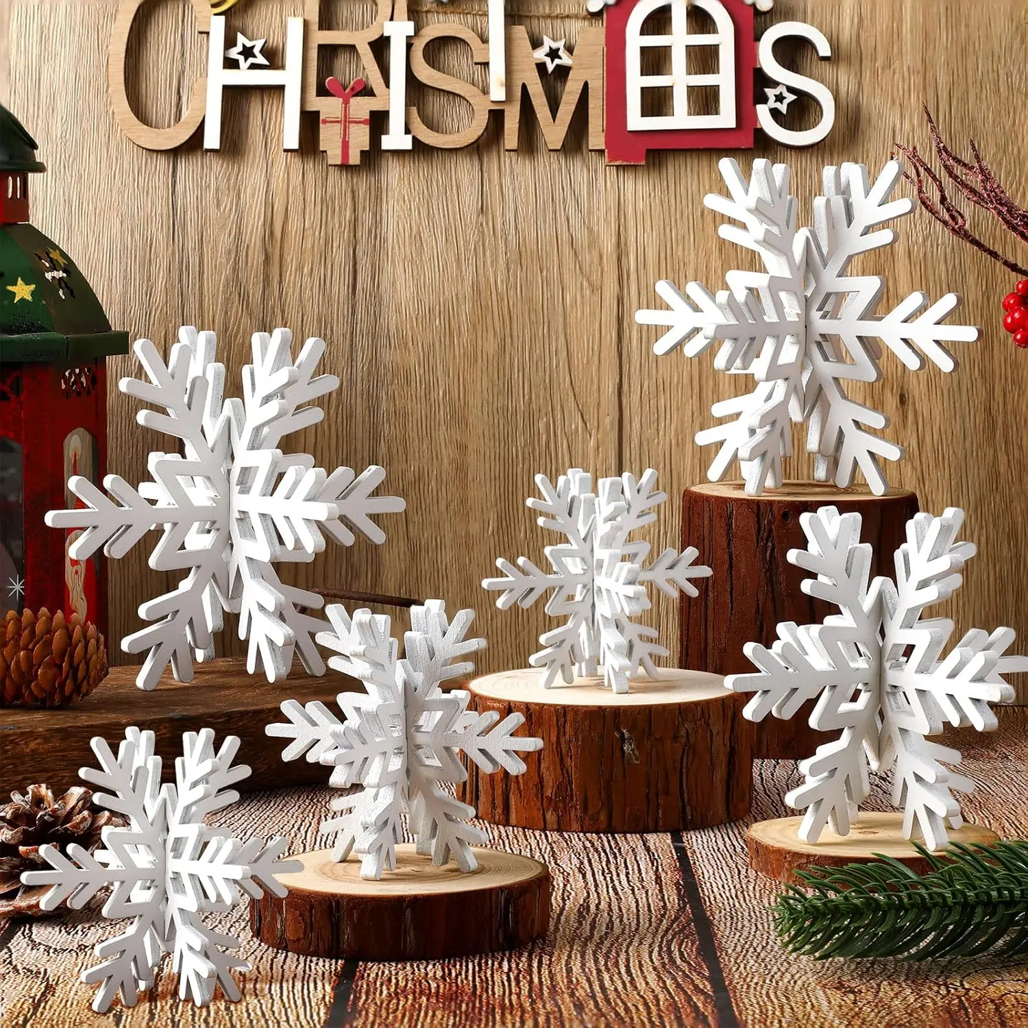 Wooden 3D Effect 12-Piece White Snowflake Decor Set - Christmas Holiday Table Ornaments with Cord and String, Winter Home Party Centerpiece, Room Accessories