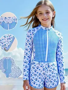 New Fashion Girls Patchwork Print Swimsuit Set Tween Swimsuits Starfish Tween Starfish Bikini Girls Bathing Suits With Rash Guard Long Sleeve Swimsuit For Girls Teen Girl Rash Guard Kids Girl Rash Guard 2 Piece Swimsuit Long