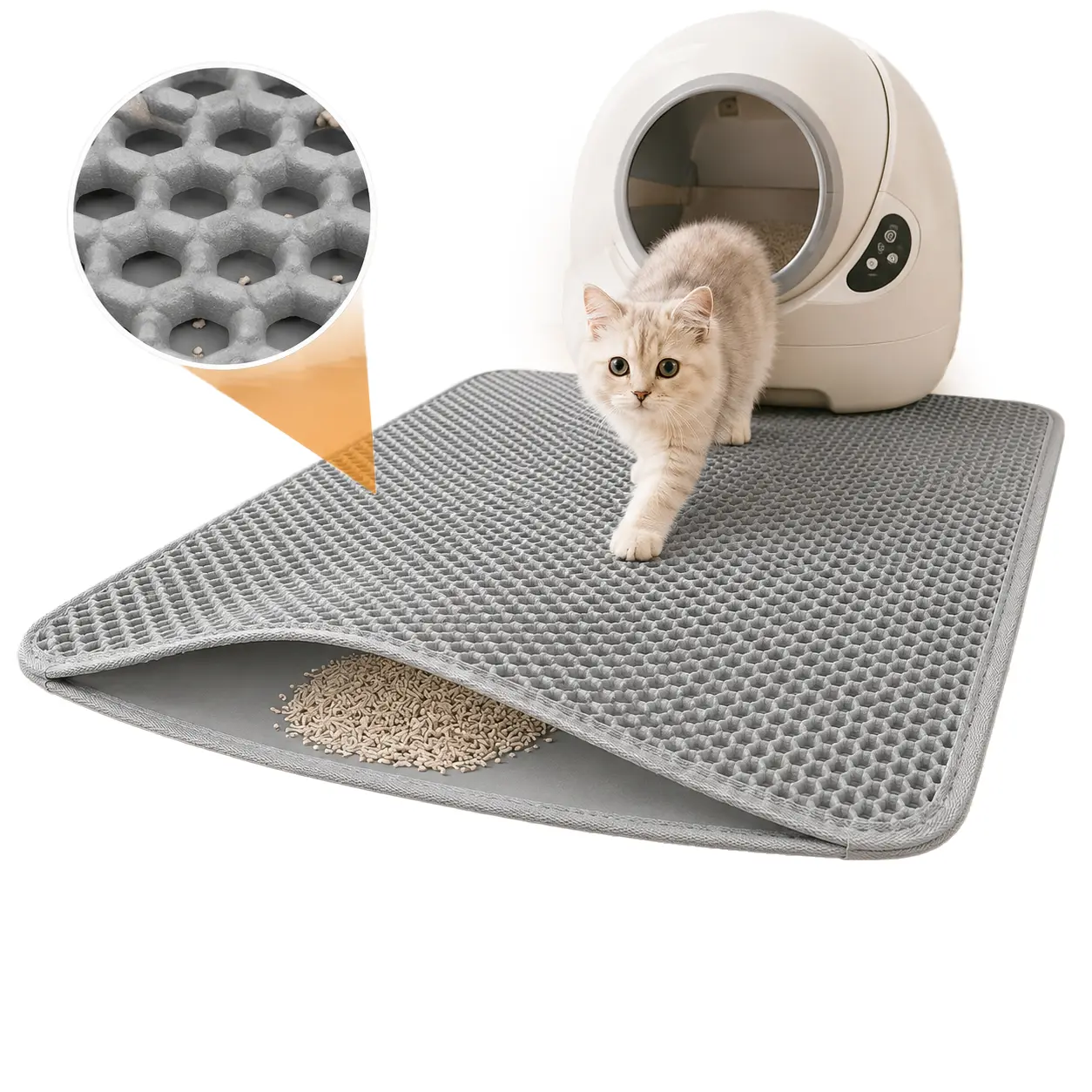 Large Cat Litter Mat 30x22 Inch, Double Layer EVA Material Mat for Cat Litter Tray, Waterproof Non-Slip Floor Protection, Grey