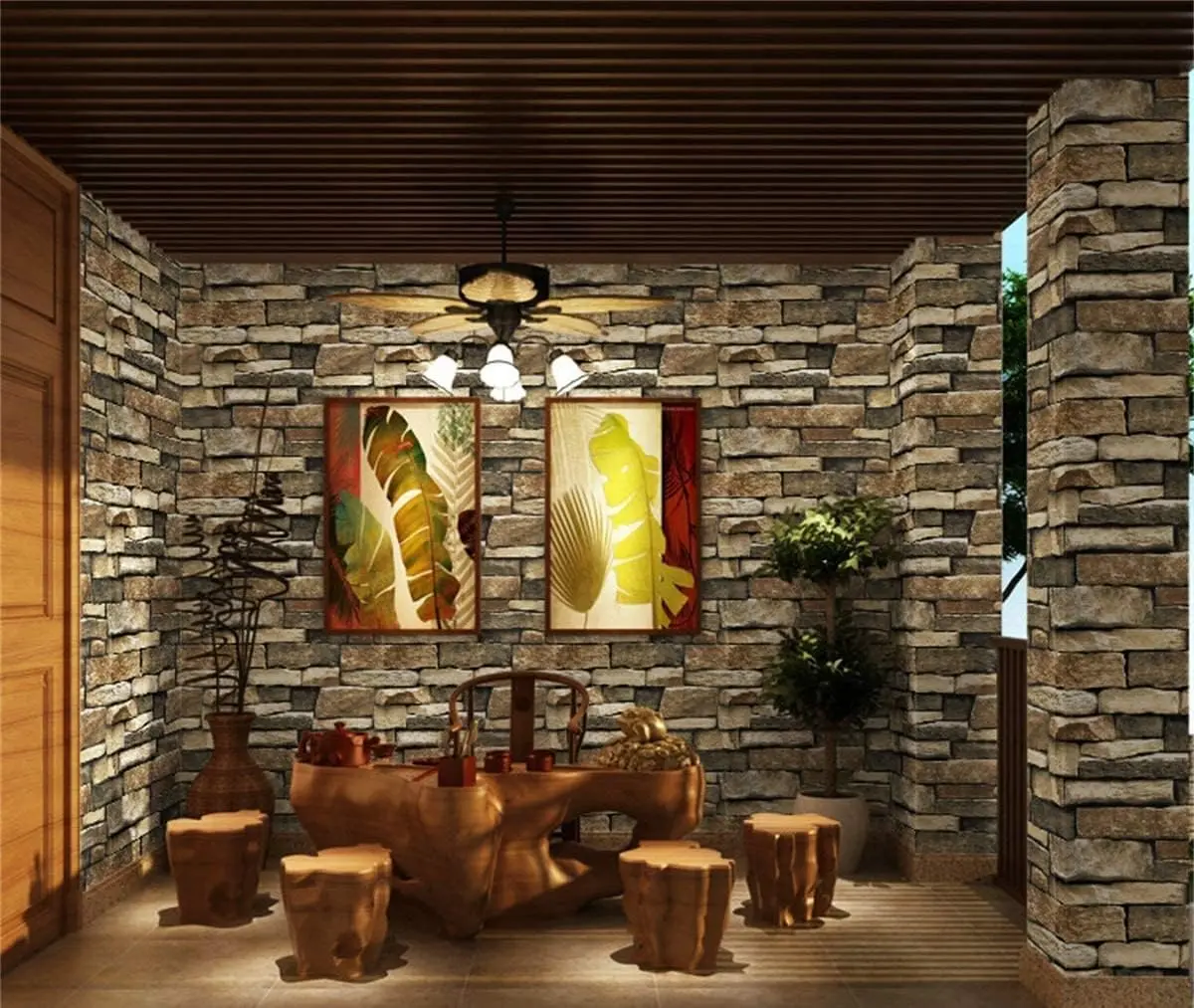 Peel and Stick Stone Wallpaper Self-Adhesive Removable Wallpaper Home Decoration for Bedroom, Kitchen 17.7 in x 9.8 ft, Stone Brick
