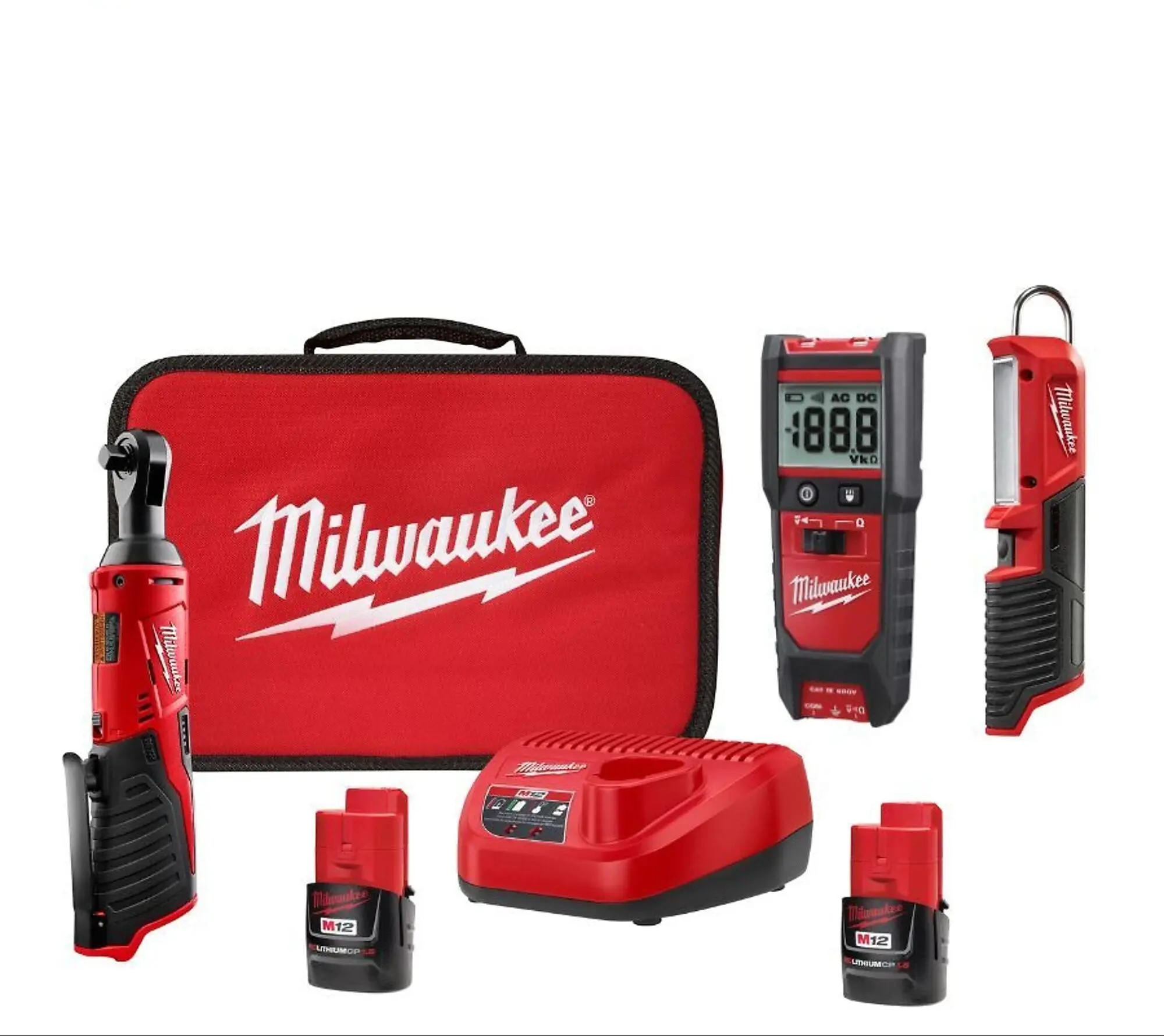 Milwaukee 2457-21NTE M12 Cordless Ratchet Wrench Set - 3/8-in Ratchet, 12V 3/8in Size, LED Light Stick, Tester, Belt Clip, 2 Batteries, Battery Charger