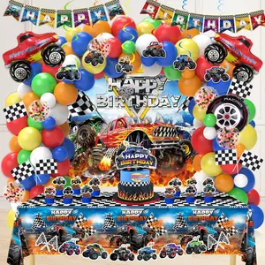 P-PSD04    Monster Truck Birthday Decorations, Machines Jam Party Decoration Supplies include Truck Balloons Arch, Tablecloth, Backdrop, Cake Cupcake Toppers, Hanging Swirls, Flags, Truck Birthday Decor for Boys Themed Goodies High Quality Materials