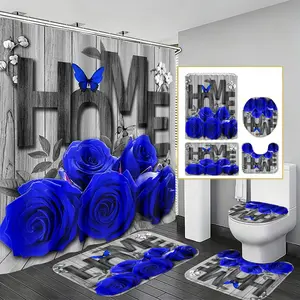 Vintage Forest Style Bathroom Set, Blue Rose Butterfly & Wood Grain Print Waterproof Shower Curtain Sets, Non-Slip Absorbent Mat, High-Value Bath Decor