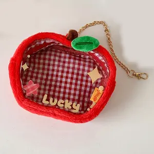 Japanese soft cute apple transparent student storage bag girl heart cartoon plush grocery bag cute carry-on bag Zipper Pouches