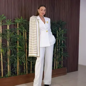 Women's White 2-Piece Fitted Blazer Pants Set - Stretchy, Short-Sleeve, Lightweight Elegant Fabric, Gold Metal Buttons, Matching Vest, Minimalist Style, Formal Corporate Casual, Day Wear Suits & Sets Clothing