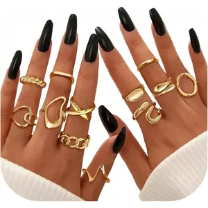 THUNARAZ 12 Pcs Chunky 16K Gold Plated Golden Rings for Women Men Adjustable Open Elegant Rings Twisted Round Signet Rings for Gift Size 6-7 Open Stackable Rings Elegant Noble Twisted Round Signet Rings Gifts for Christmas
