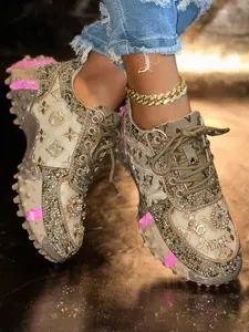 Women's New Rhinestone Mesh Durian Sole Casual Trainer Shoes, Luxurious Fashion Versatile Dad Shoes, PU Leather, All Seasons
