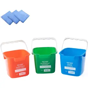 Red&Green&Blue 3 Quart Sanitizing Cleaning Pail, Set of 3 Square Containers with Built-In Spout & Handle, Wash Rinse Sanitize Handwash Bucket, Includes 3Pcs Microfiber Cloths