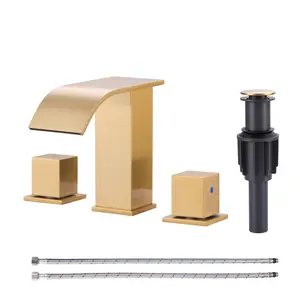 WOWOW Brushed Gold Waterfall Bathroom Faucet for Sinks 3 Hole, 2 Handles Bathroom Sink Faucet with Pon Up Drain and cUPC Supply Lines