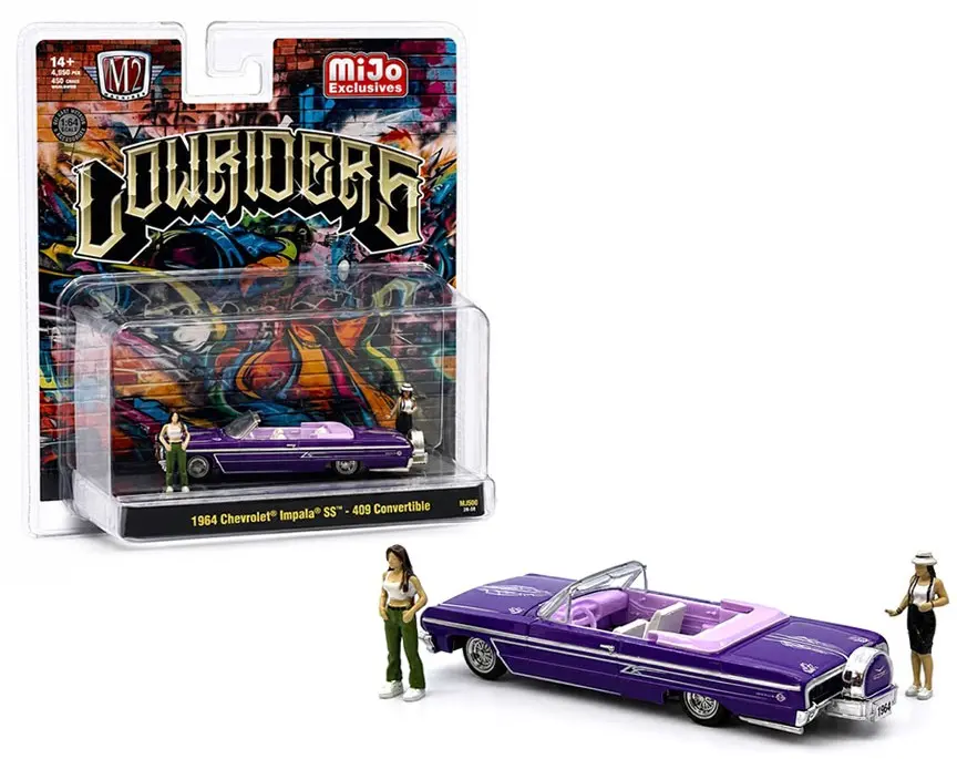 M2 Machines 1:64 Diorama Series 1964 Chevrolet Impala SS Convertible Top-Down Lowriders with 2 Ladies Figures Metallic Purple 67500-MJS02