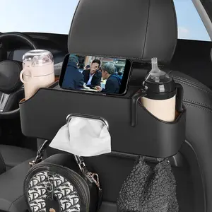 headrest rear seat multifunctional storage box, partition design, with cup holder, tissue box, headrest hook, suitable for  and adults,  travel accessories (black)