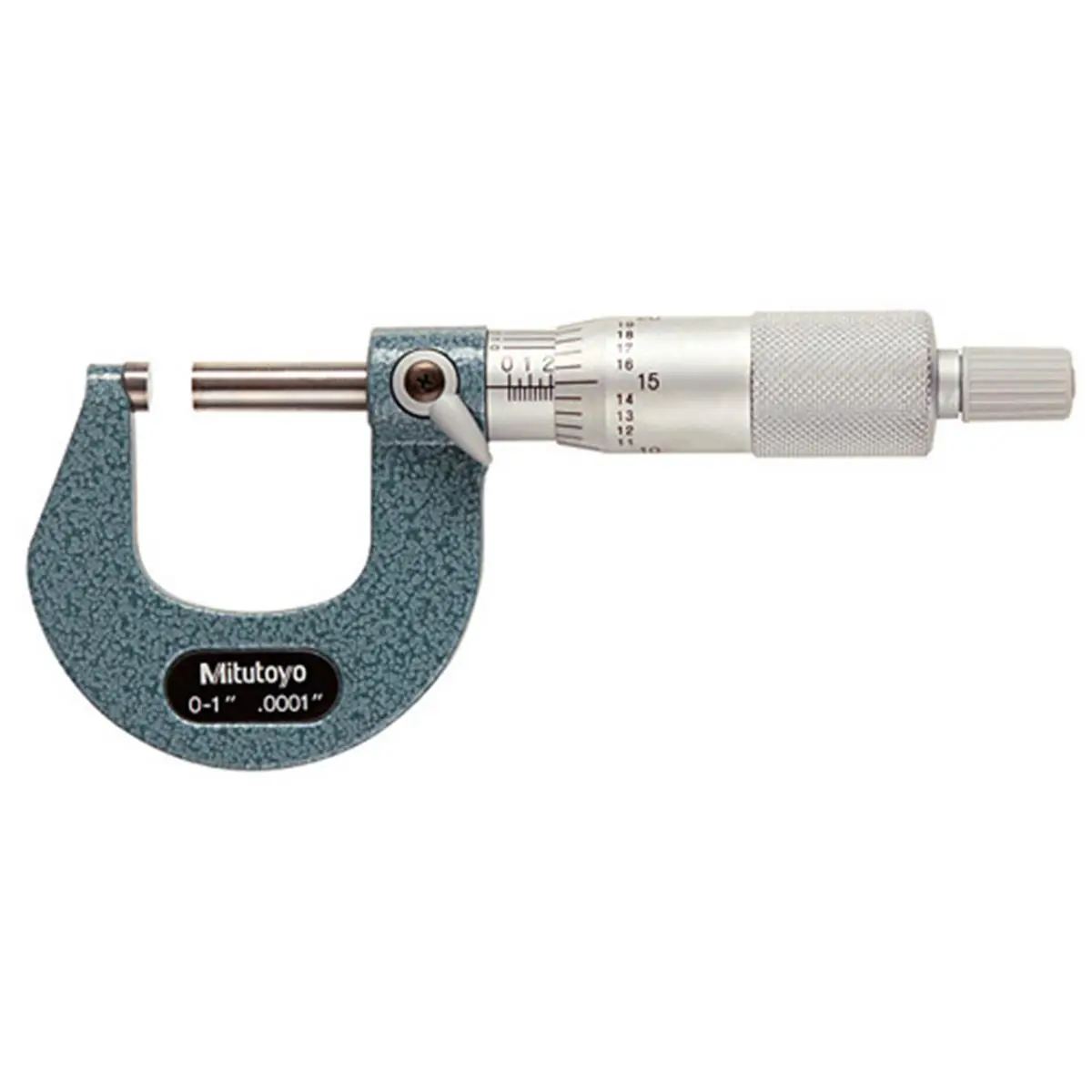 Mitutoyo 103-260 High Accuracy Vernier Mechanical Micrometer, 0-1 in. Range, +/- .0001 Accuracy, .0001" Grad., Baked-Enamel Hammertone-Green Finish, Carbide Tips, Ratchet Stop
