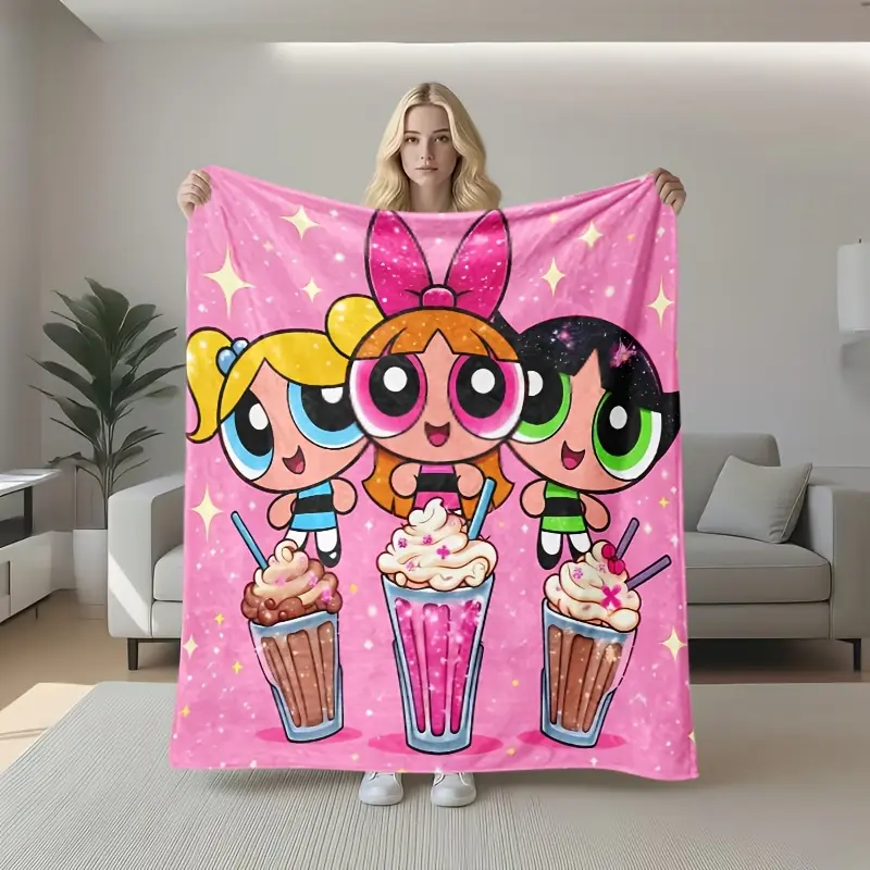 The Powerpuff Girls Sparkle Milkshake Throw Blanket, Cute Cartoon Trio Themed Cozy Blanket, Soft Fluffy Lightweight Blanket for Fans, Anti-Pilling Washable Decorative Blanket