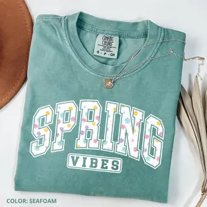Comfort Colors Spring Vibes Tshirt, Floral Varsity Spring Tee, Tshirt Design for Easter, Preppy Spring Graphic, Spring Flower