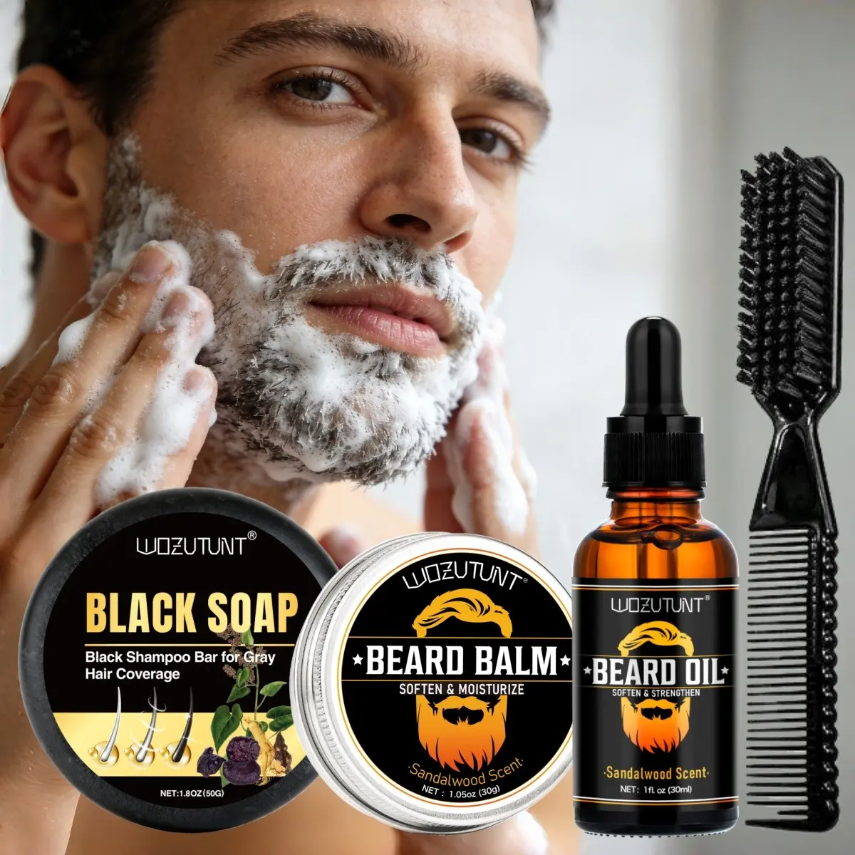4pcs Black Beard Soap Suitable for white, grey and black beards Cover Color restoration Color fixing Black hair dye shampoo soap Beard oil & Sandalwood beard balm Nourish the roots Anti-frizz Post-shave cleansing & hydrating care