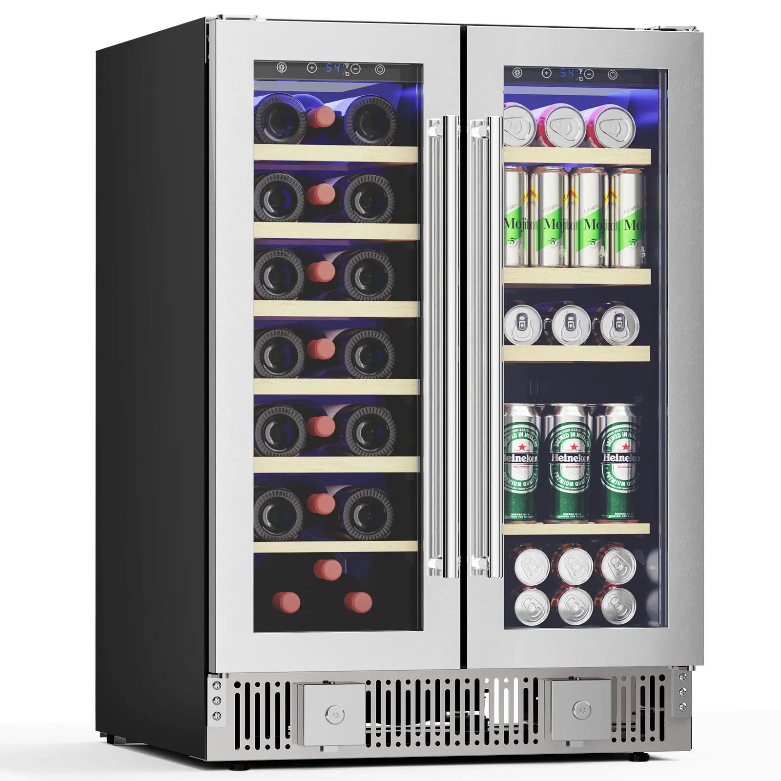 Dual Zone Wine Cooler Beverage Refrigerator 125L 4.4cu.ft Left Right Dual Temperature Independent Control 37°F-61°F Electronic Cooling Wine & Drink Classifier Built-in Freestanding Under Counter Glass Door Quiet Compressor Adjustable Temp Bar Fridge
