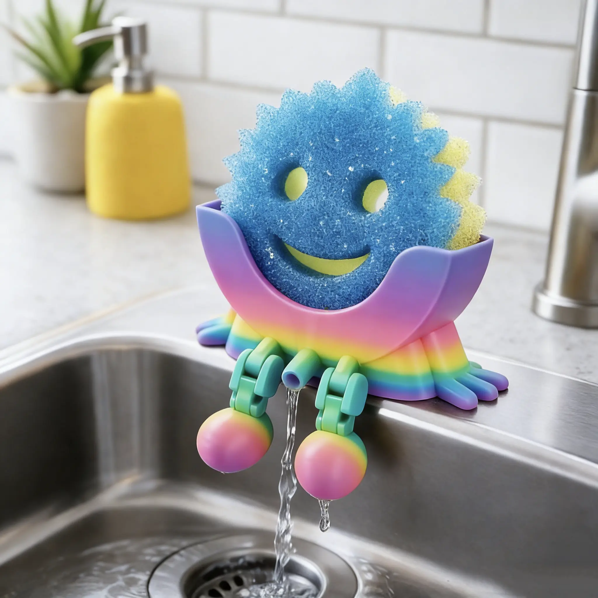 3D-Printed Sink Sponge Holder, Drainable Scrub Sponge Stand, Fun Storage Rack with Cute Smiley Sponge, Kitchen Sink Accessories Organizer Cleaning