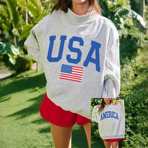 Mntaor Women’s Cozy Reversible USA/America Graphic Sweatshirt– Light Grey Mock Neck,Soft Pullover for Holiday Gifts, 4th of July Parties& Relaxed Outfits