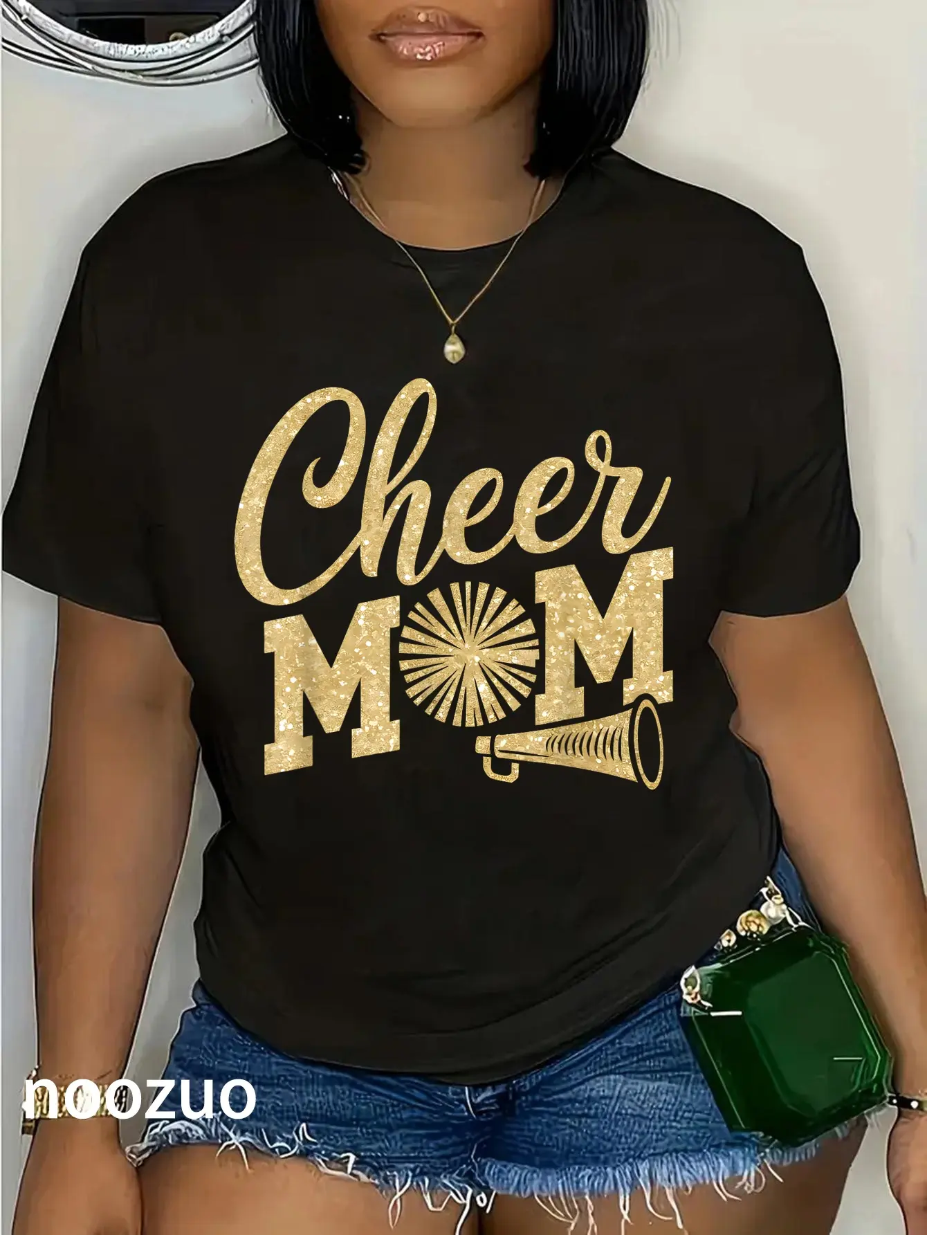 100% Cotton Cheer Mom Biggest Fan Cheerleader Black Yellow Gold Pom Pom T-Shirt