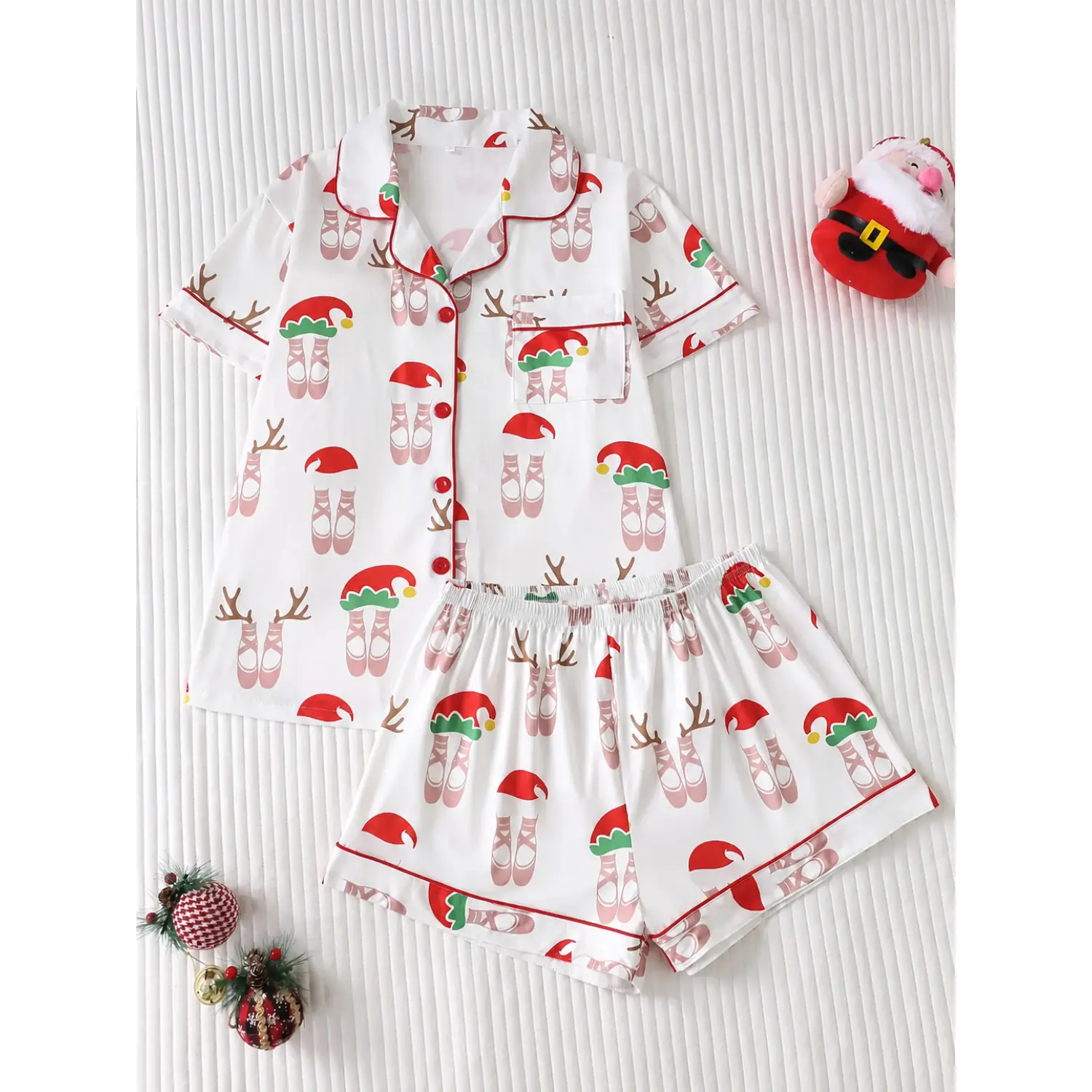 Women's Pajama Set with Deer Antler Hat and Ballet Shoe Design, Short Sleeve Fitted Top and Relaxed Comfortable Shorts, Casual Year-Round Sleepwear