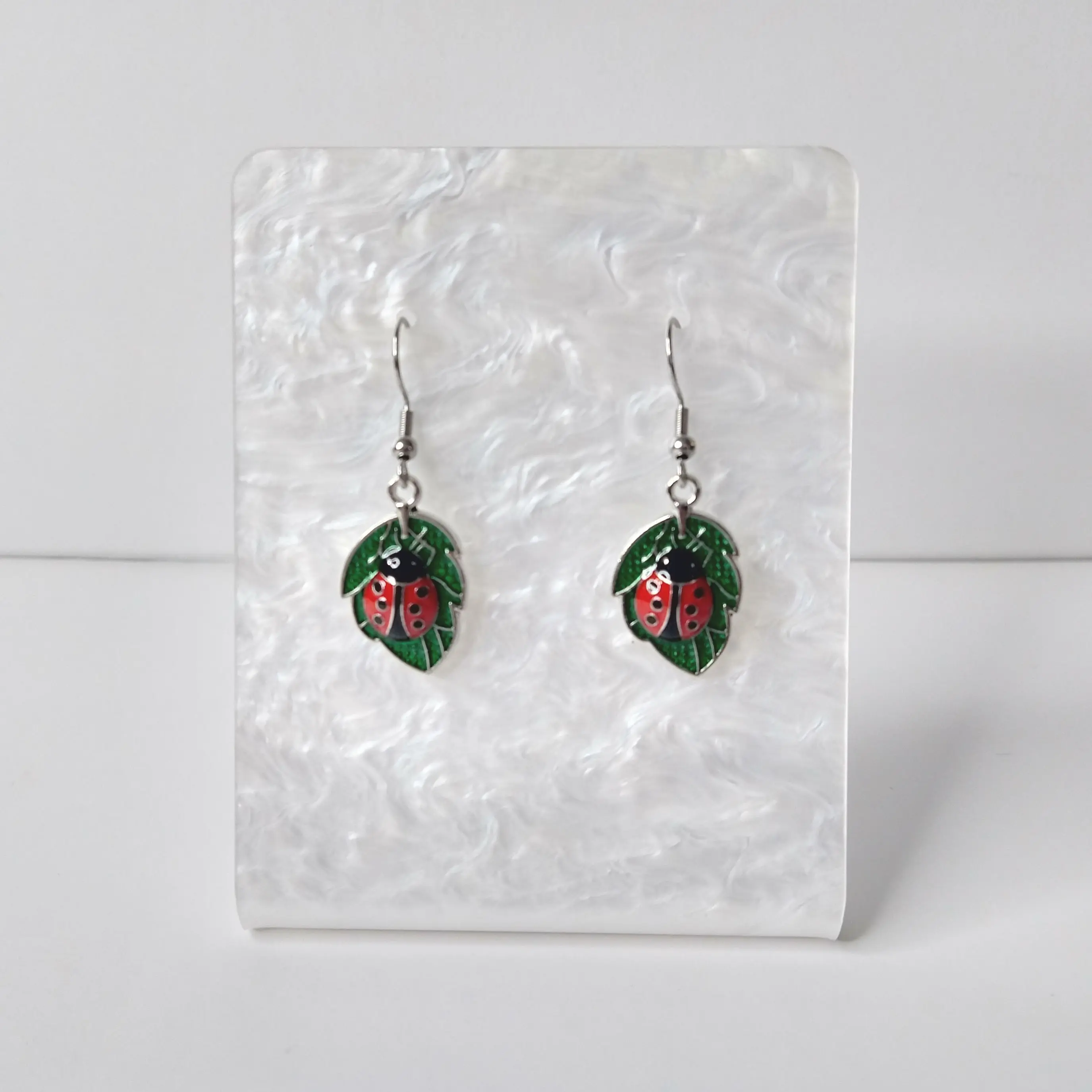 #330 Ladybug on Green Leaf Earrings, Casual Jewelry, Spring, Summer, Insect, Alloy, Stainless Steel Hooks