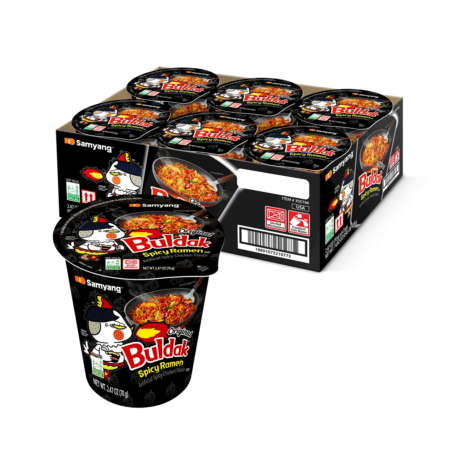 Buldak Pack of 6 Spicy Hot Chicken Stir-Fried Cup Noodles
