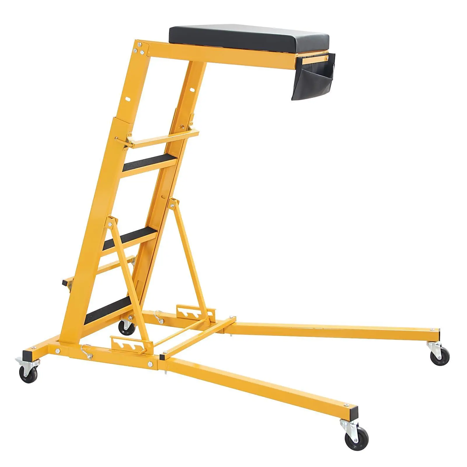 Heavy Duty Topside Automotive Creeper Chair, 440 Lb Capacity, 48"-66" Adjustable Height, 4 Swivel Casters for Trucks, Mechanics, Auto Repair, Black and Yellow with Tool Pouch