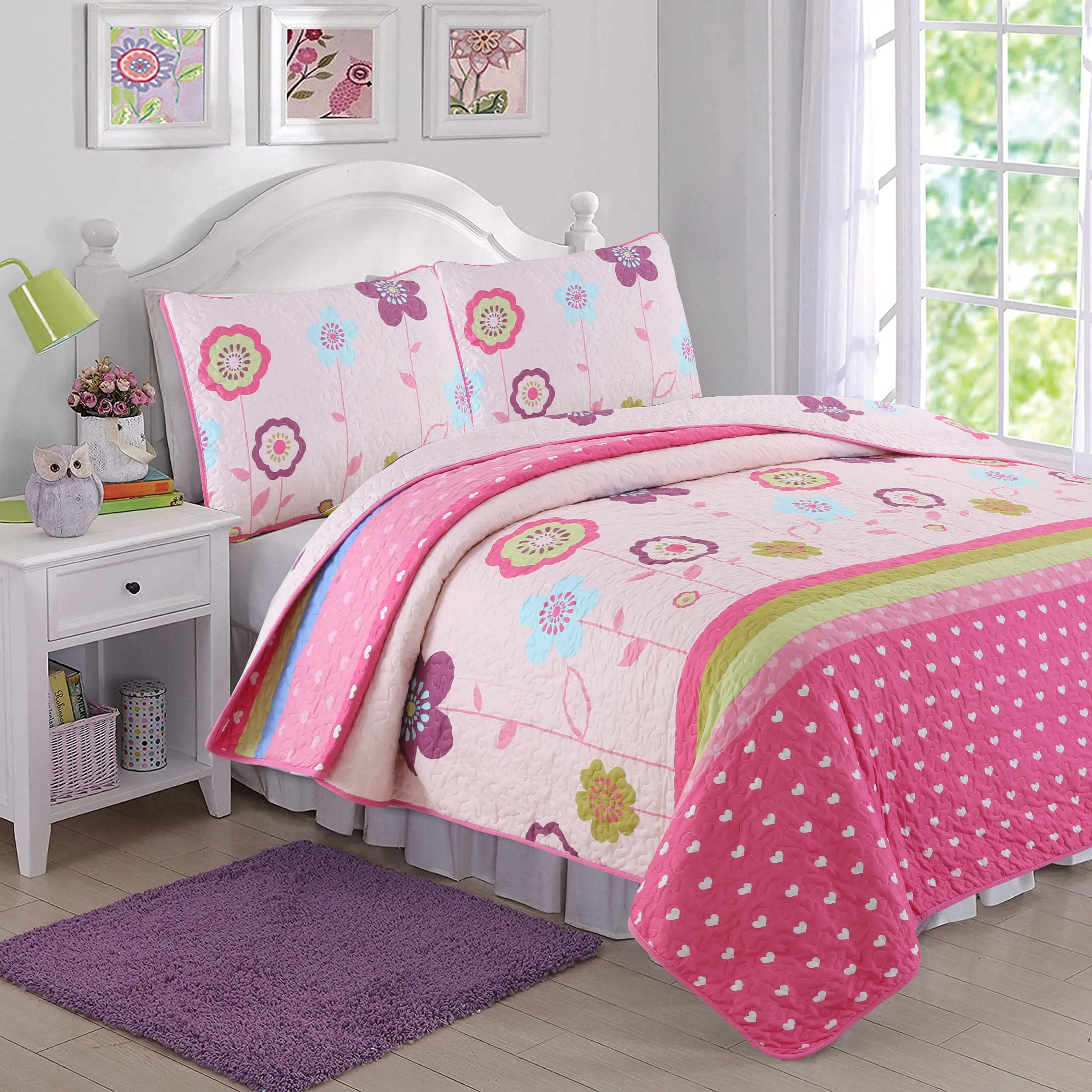 Reversible Pink Flower Garden Girl Print Quilt Bedding Set, Bed Set for Kids' Bedrooms