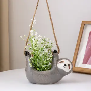 Cute Cartoon Sloth Ceramic Hanging Planter, Large Diameter for Indoor Succulent Plants, Lightweight Design with Swing Rope, Swinging Planter for Adorable Decoration, Hanging Flower Pots