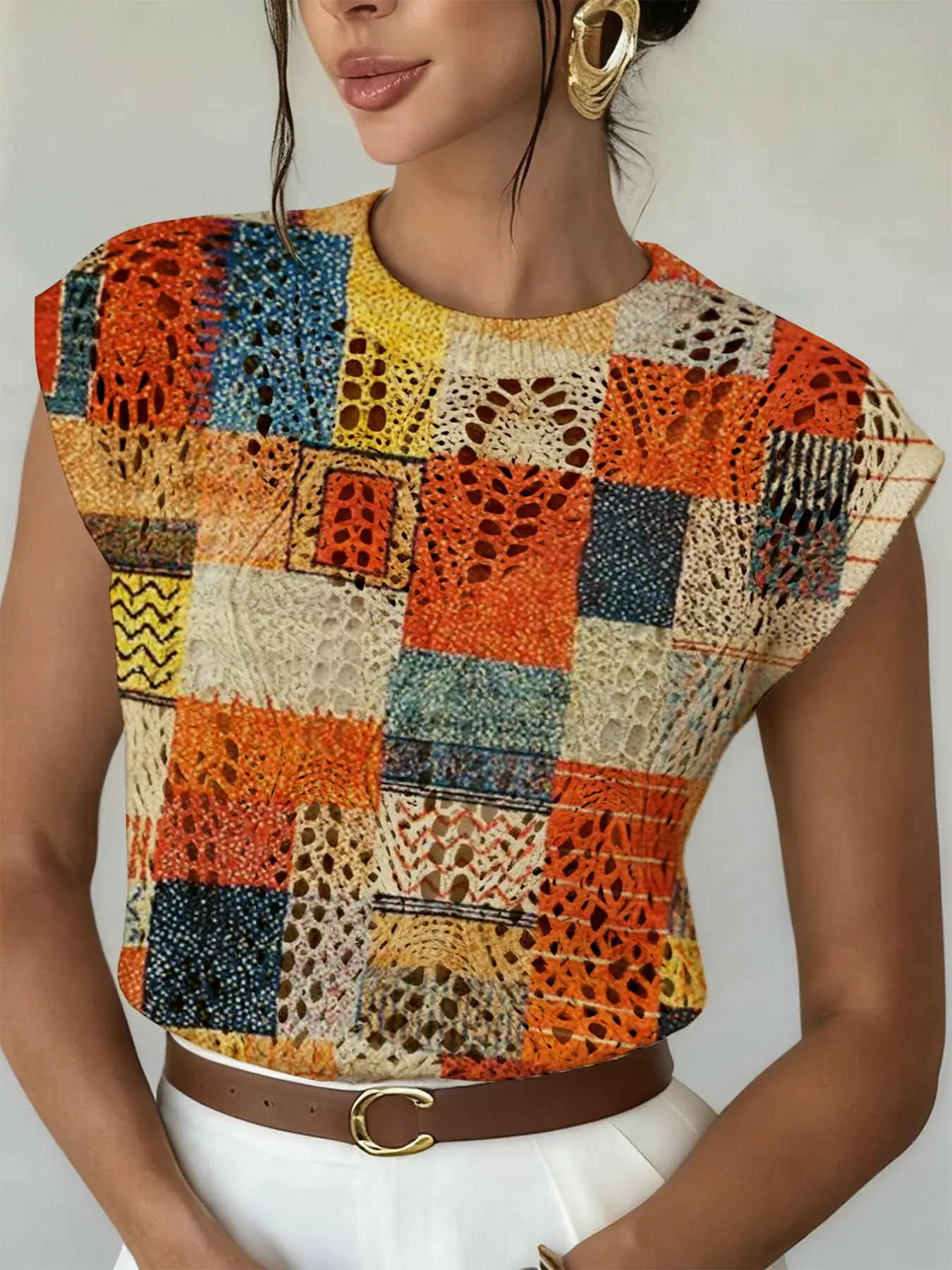 Elegant Women's Geometric Print Round Neck Sweater, Spring Summer Casual Sleeveless Knitwear Knitted Tank Vest, Sleeveless Vest Top, Breathable Daily Wear, Hollow Out Design