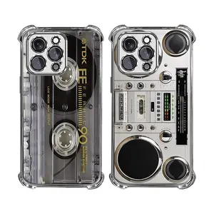 Retro Cassette Pattern Silicone Soft Phone Cases for iPhone17 Pro max Air 16 Plus 15 14 13 12 11 & Samsung Galaxy S26 S25 S24 S23 S22 S21 EDGE Ultra Plus FE Clear TPU Airbag Shockproof Protective Cover Gift For Birthday Thanksgiving Christmas Halloween