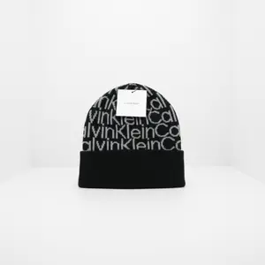 Calvin Klein Men's Black Allover Logo Cuff Hat Cozy Logo Beanie Style Soft Stretchy Winter Essential