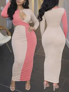 Women's Color Block Long Sleeve Maxi Dress - Cutout Design Bodycon Spring Summer Outfit for Date Night and Brunch, Valentine’s Day Outfit
