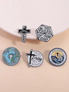5 Piece Christian Theme Brooch Set, Bible Verse Pins, Cross Faith Badges, Enamel Painted Craft, Simple Religious Style Accessories, Craftsmanship, Painting