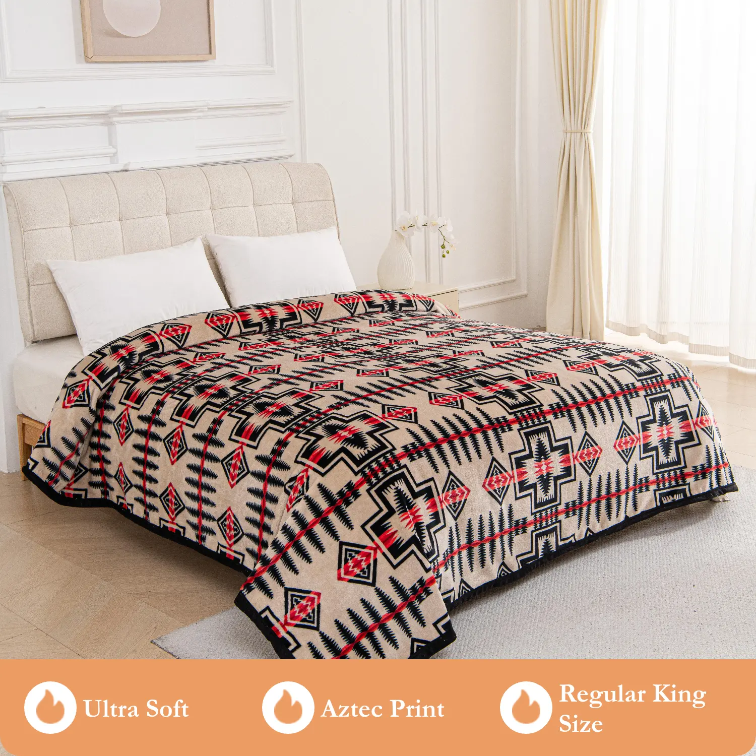 Oversized Super Plush Tan & Black Tribal Southwest Aztec Flannel Blanket